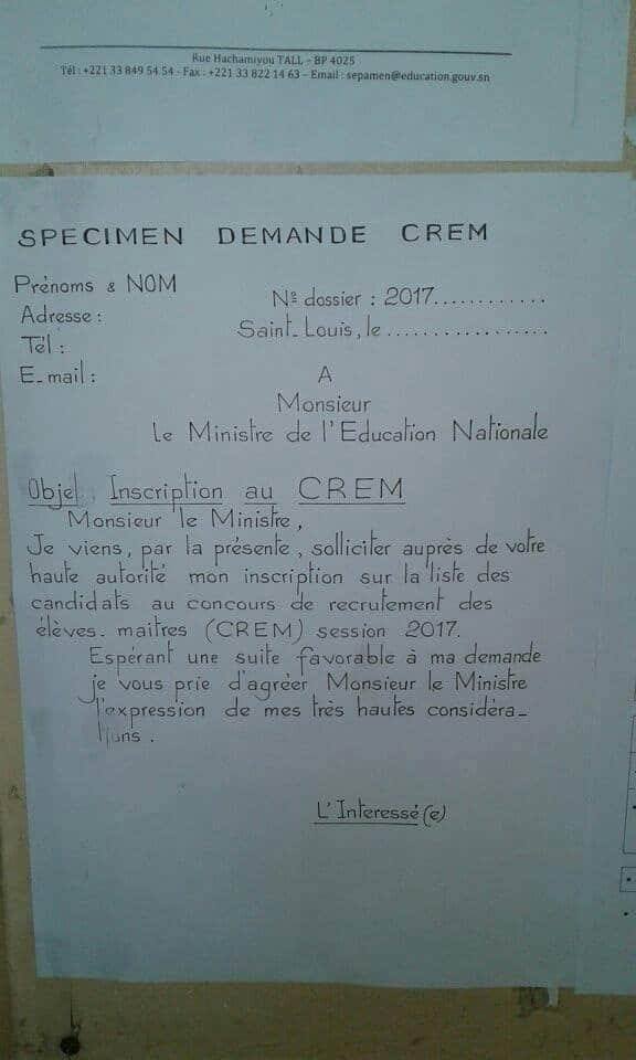 Concours CREM – Exemple de demande manuscrite