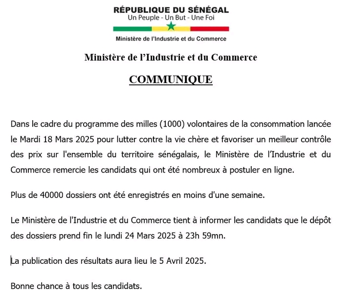 Recrutement de 1000 Volontaires au Sénégal pour Lutter Contre la Vie Chère : Date Limite des dépôts