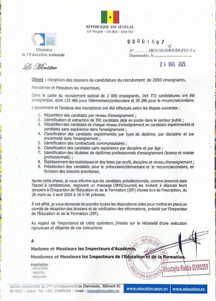 URGENT: Recrutement de 2 000 enseignants au Sénégal : ouverture de la réception des dossiers