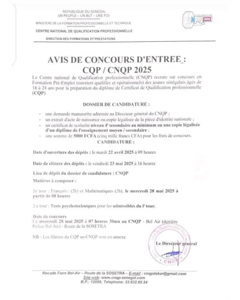 Concours d’entrée CQP / CNQP 2025 – Dépôts ouverts