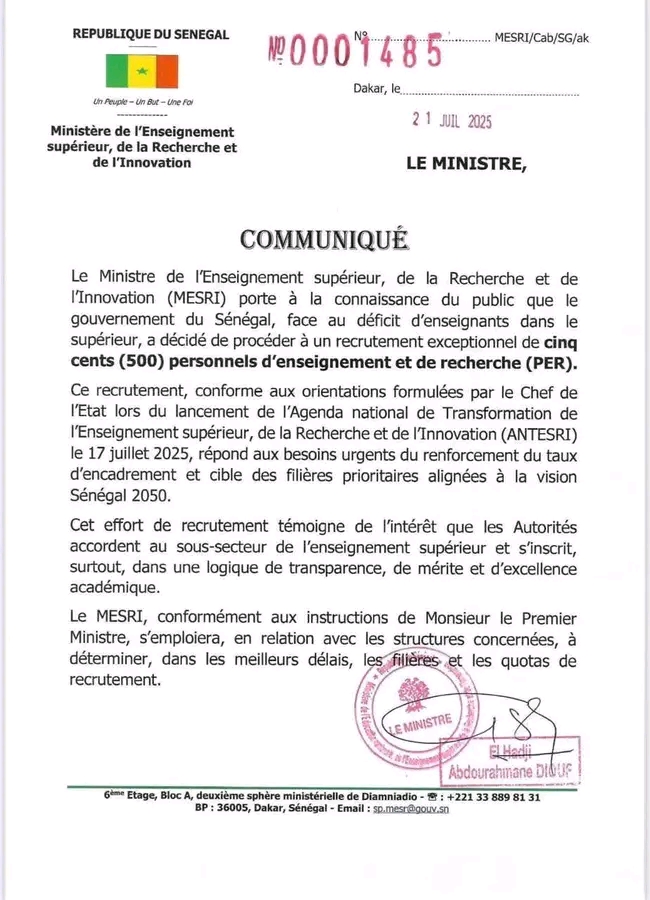 Recrutement de 500 personnels d’enseignants chercheurs !