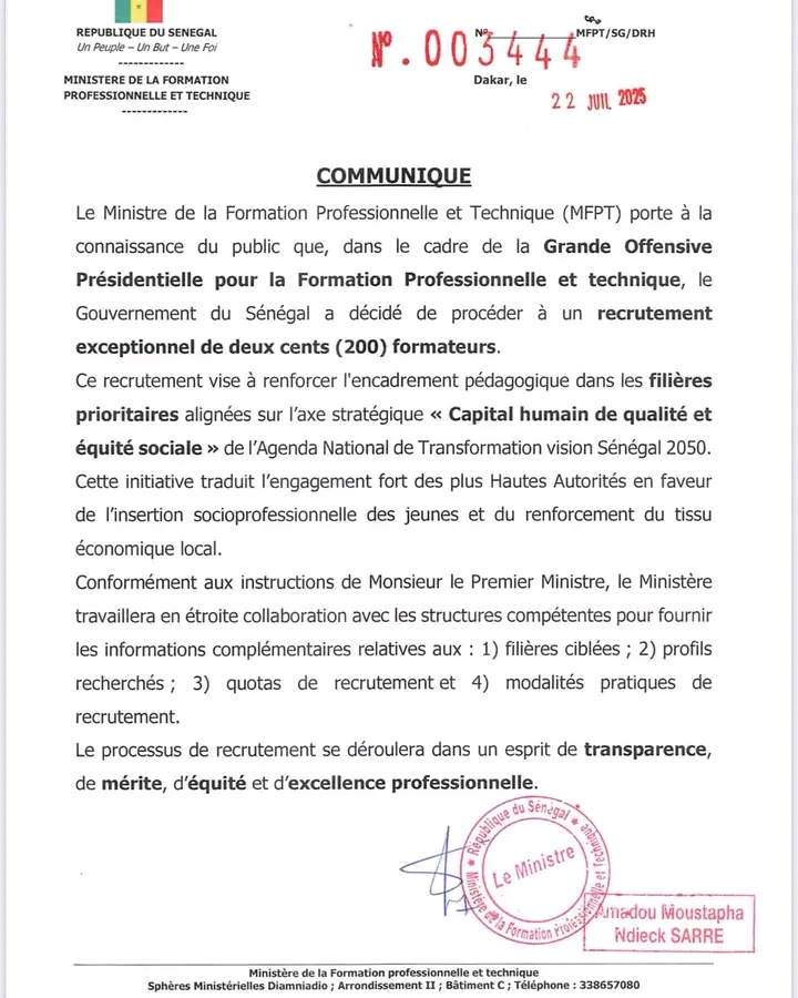 Recrutement de 200 formateurs dans le cadre de la Grande Offensive Présidentielle pour la Formation Professionnelle et Technique