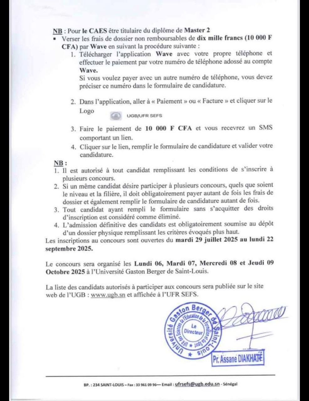 Concours de Recrutement d’Élèves Professeurs – UFR SEFS / UGB Niveau Bac, Licence et Master