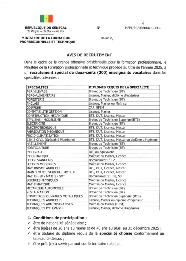 Recrutement 200 enseignants vacataires: inscription en ligne