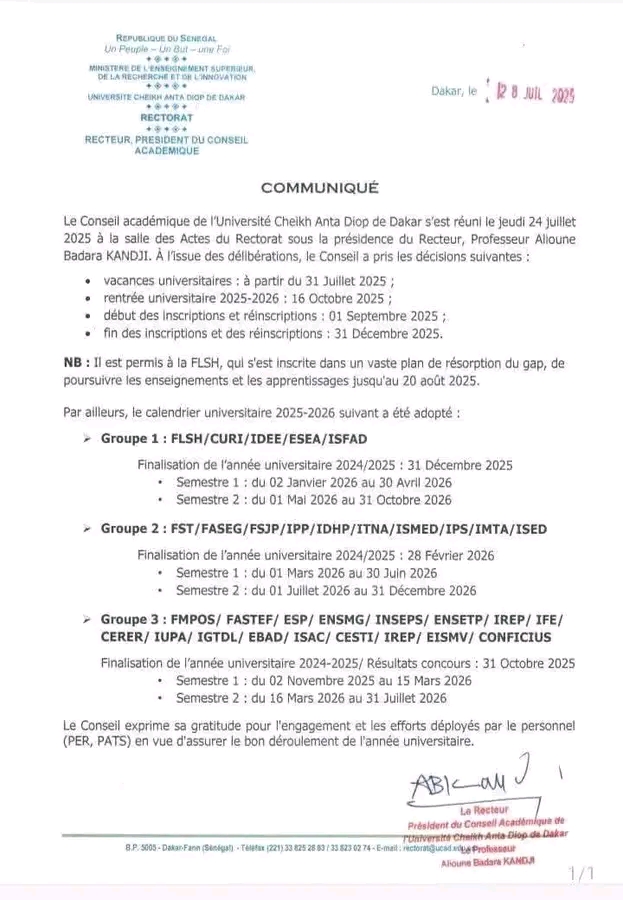 Decisions du conseil Académique de l' UCAD ( Université Cheikh Anta Diop de Dakar)