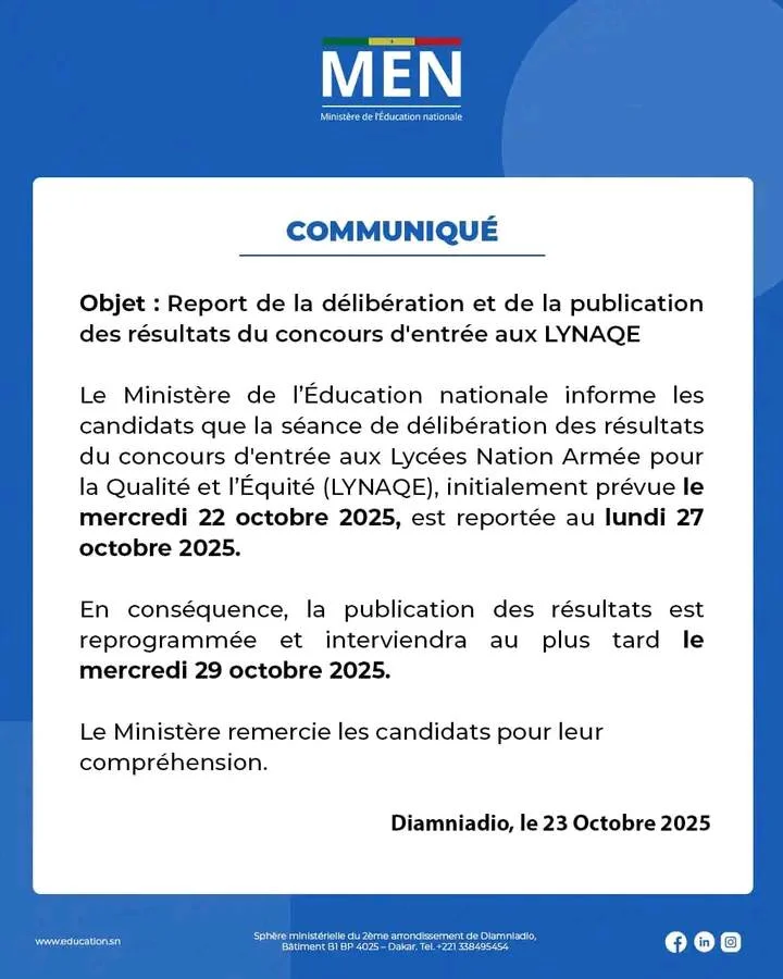 Report de la délibération et de le publication des résultats du concours d’entrée au LYNAQE
