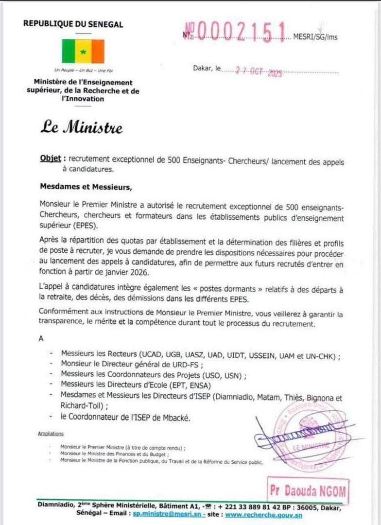 Appel à candidature pour le recrutement de 500 enseignants chercheurs