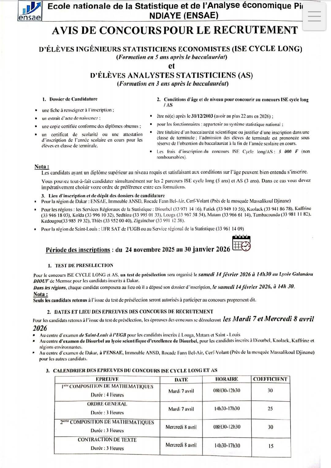 AVIS : Ouverture du CONCOURS ENSAE 2026  