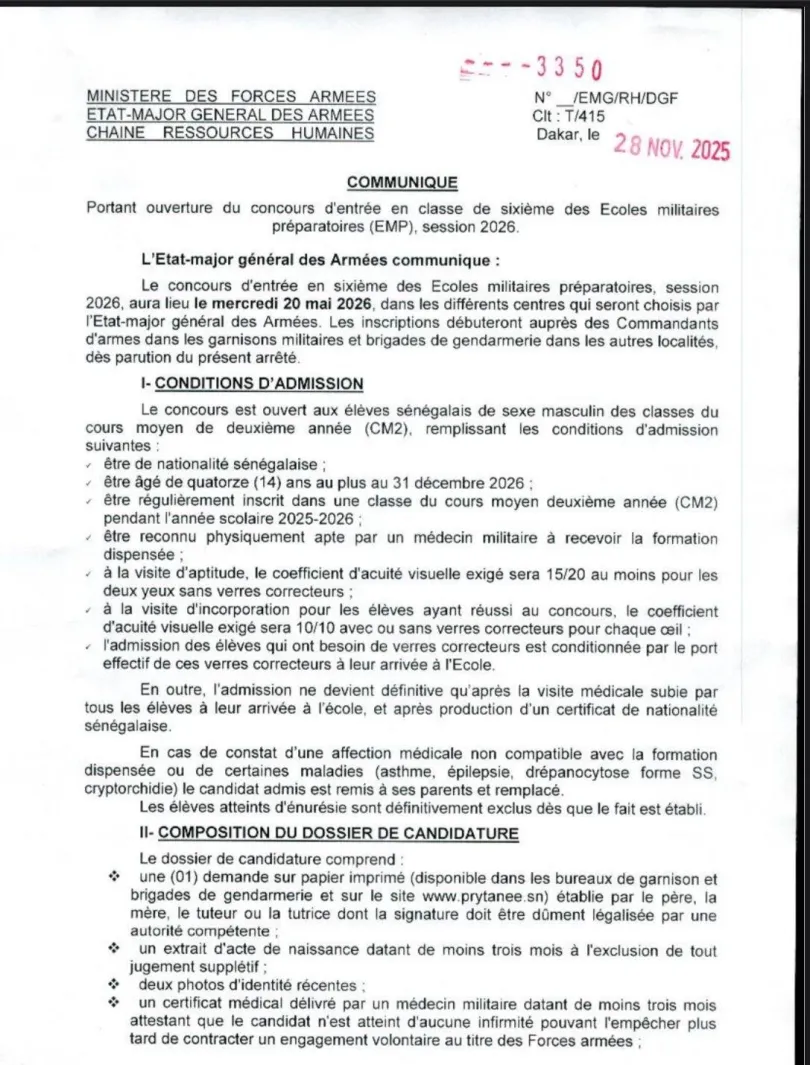 Concours d’entrée en classe de sixième des Écoles Militaires Préparatoires (EMP) 2026 – Dépôts ouverts