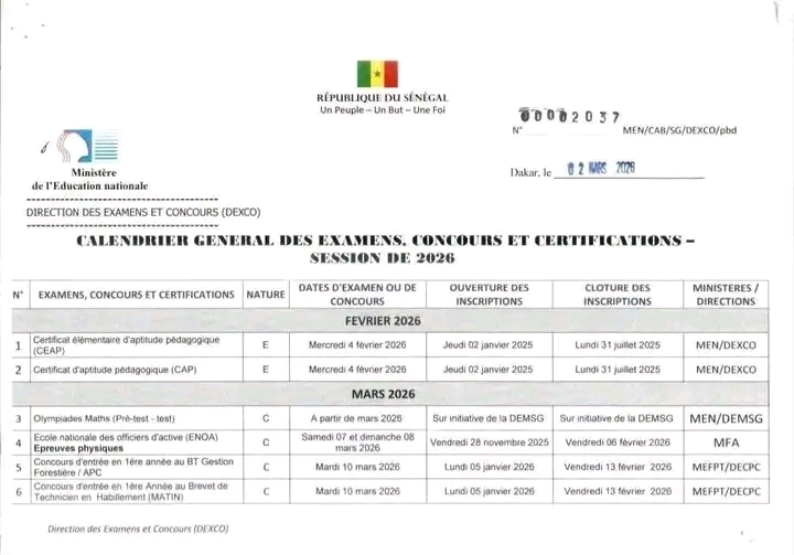 URGENT Calendrier général des 119 Examens, Concours et Certification session 2026.