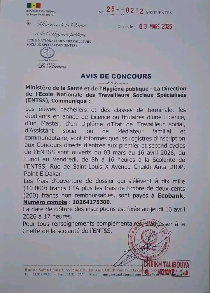 Ouverture du concours d’entrée à l’ENTSS -Session 2026