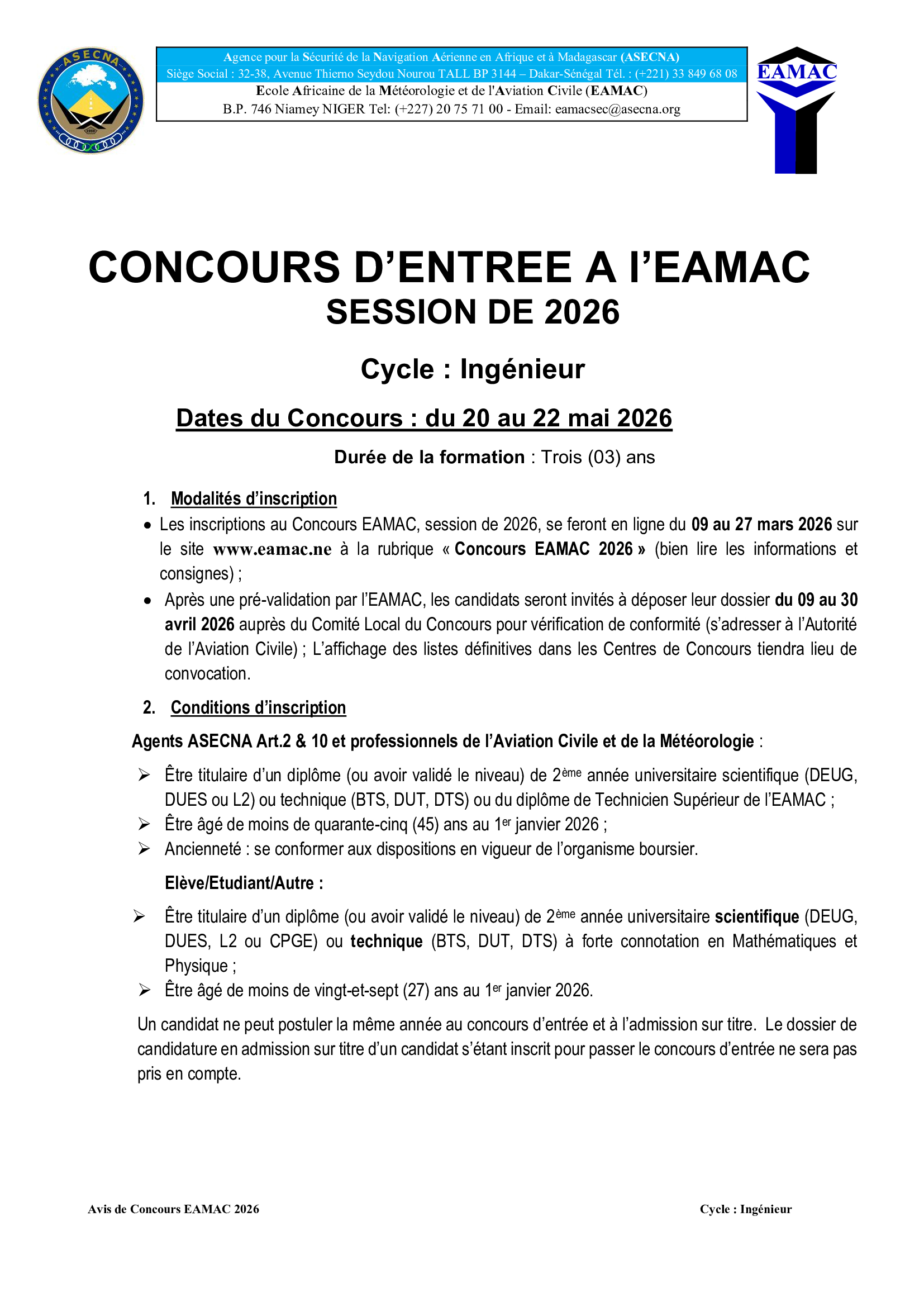 Concours d'entrée à l'EAMAC session 2026