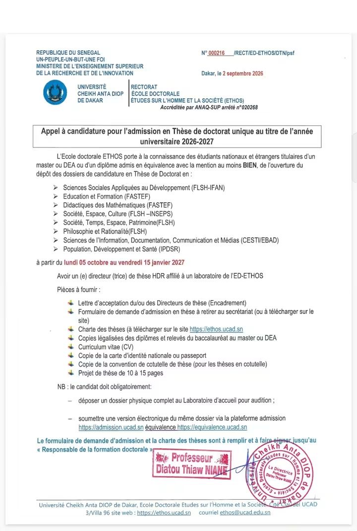 ED-ETHOS/Ouverture des candidatures en Thèse de Doctorat Unique 🎓pour l'année universitaire 2026-2027