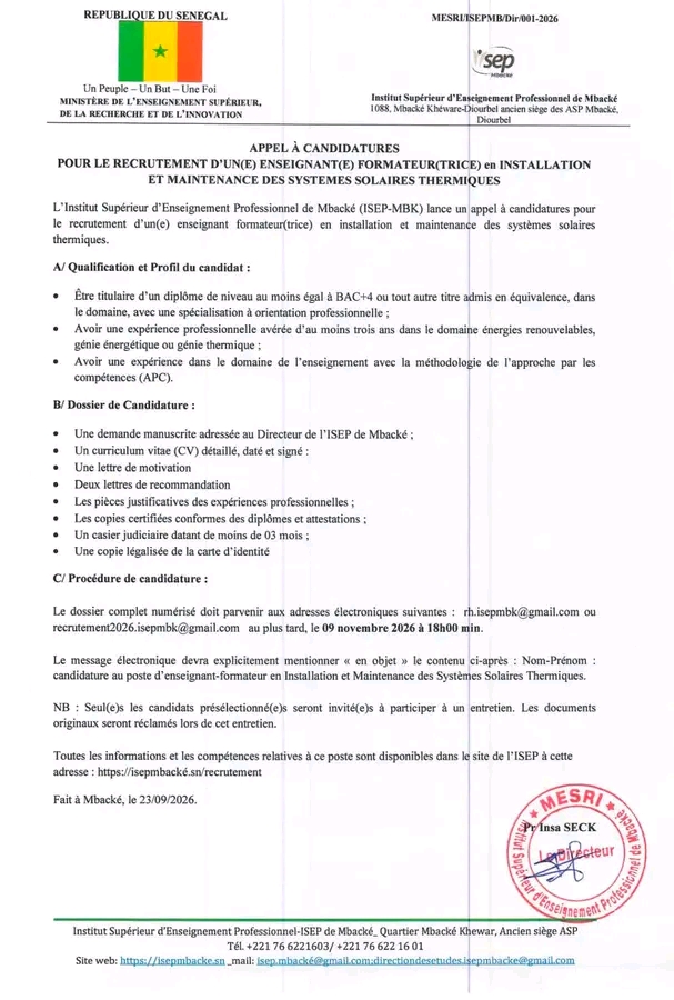 ISEP MBACKÉ - Appel à candidatures