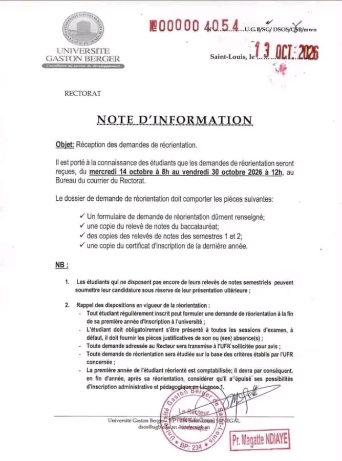 UGB : OUVERTURE DES DEMANDES DE RÉORIENTATION POUR LES ÉTUDIANTS