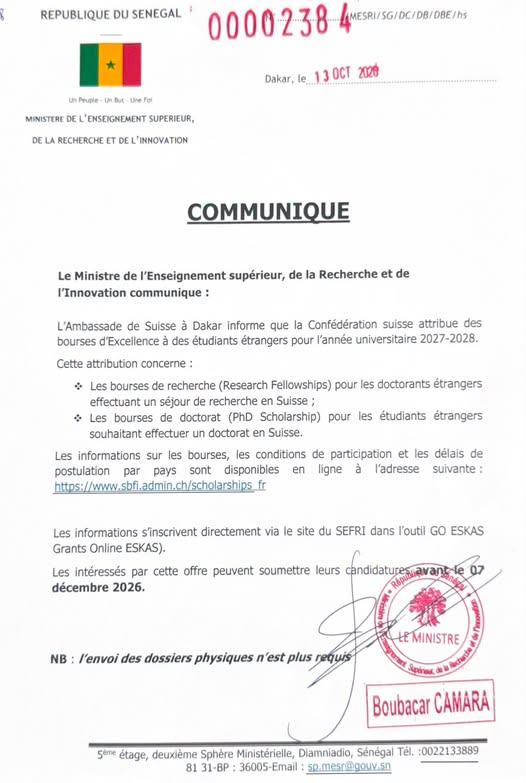 L'Ambassade de Suisse à Dakar informe que la Confédération suisse attribue des bourses d'Excellence à des étudiants étrangers pour l'année universitaire 2027-2028.